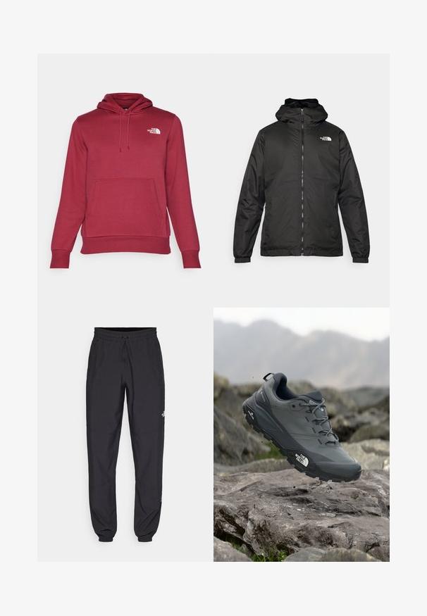 Črna kapuca jakna The North Face z sprednjim zadrgo, elastičnimi manšetami in logotipom na zgornjem levem prsnem delu na belem ozadju.; The North Face M SIMPLE DOME REGULAR HOODIE - Pulover s kapuco - beetroot; Črne atletske hlače iz lahkega materiala, ki imajo elastični pas z vezalko, stranske žepe in zožene manšete na gležnjih.; Sive teka za trail tek, z teksturirano zgornjimi deli, trpežnim gumijastim podplatom in ojačanim kapico za prste. Ima vezi in logotip blagovne znamke na strani.