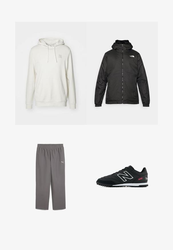 Svart The North Face huva jacka med framzipper, elastiska muddar och logotyp på övre vänstra bröstet mot en vit bakgrund.; Ljusbeige hoodie i bomullsblandning. Har en känguruficka, dragsko på huvan och en liten logotyp på bröstet.; Grå träningsbyxor med elastisk midja, gjorda av lättviktigt material. Har en liten vit logotyp på vänster ben.; Svart idrottssko med en texturerad läderöverkonstruktion, silverlogga, vit mellansula och svart gummitråd. Har rosa detaljer och snören.