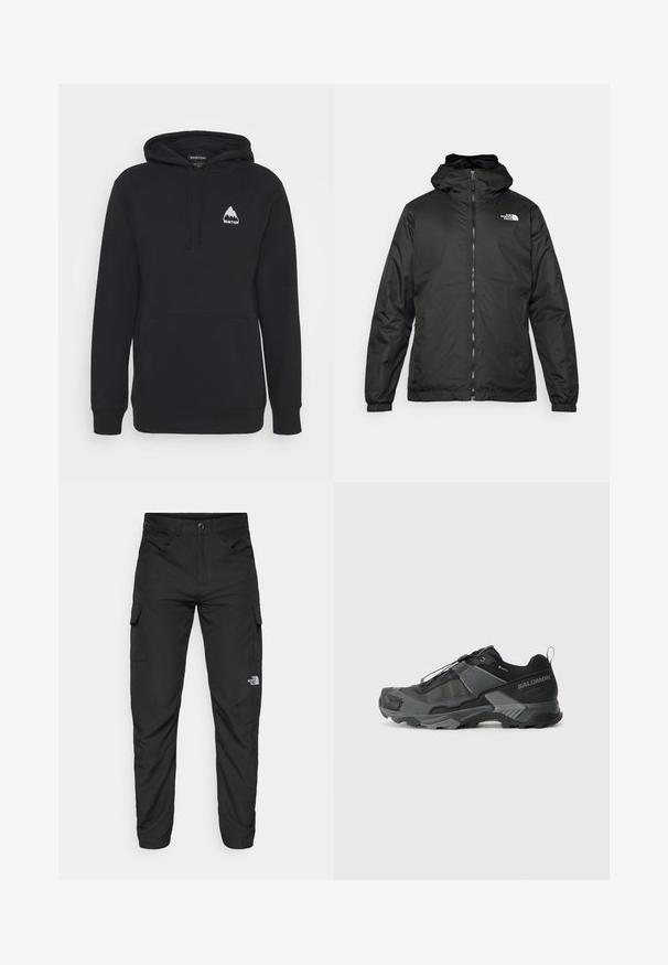 Jacket preta com capuz da The North Face, com fecho éclair na frente, punhos elásticos e logotipo no canto superior esquerdo do peito, em fundo branco.; Sweatshirt preto com um bolso frontal, capuz ajustável por cordão e um logotipo branco de montanha no peito. Feito de um tecido suave e texturizado.; The North Face HORIZON PANT - Calças para exterior - black; Sapato de trail running preto com parte superior de malha durável, biqueira reforçada, sola de borracha texturizada e sistema de amarração elástico para um ajuste seguro.