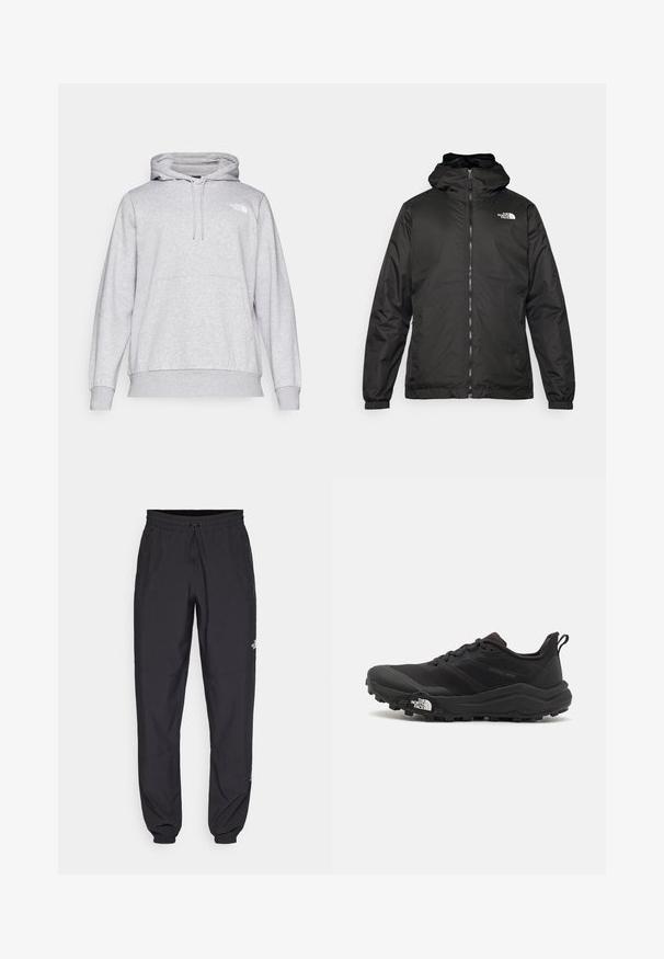 Fekete The North Face kapucnis dzseki elülső zipzárral, elasztikus mandzsettákkal és logóval a bal felső mellkason, fehér háttér előtt.; Világosszürke kapucnis pulóver, puha anyagból készült, kanguru zsebbel, állítható húzózsinórral a kapucnin és egy kis logóval a mellrészen.; Fekete sportnadrág, könnyű anyagból készült, húzózsinóros derékkal, oldalsó zsebekkel és szűkített szárakkal a bokáknál.; Fekete terepfutó cipő, textúrált felső résszel, gumitalppal és megerősített lábujjrészével. Párnázott bokarésszel és húzófüllel rendelkezik a könnyű felhúzáshoz.