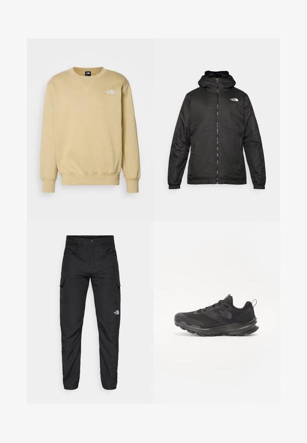 Zwarte The North Face hoodie met ritssluiting aan de voorkant, elastische manchetten en logo op de bovenste linkerborst tegen een witte achtergrond.; The North Face RELAXED ESSENTIAL - Sweater - khaki stone; The North Face HORIZON PANT - Outdoorbroeken - black; Zwarte sportieve sneaker met een bovenkant van mesh, rubberen zool en een zachte kraag. Voorzien van veters, een logo op de zijkant en een gestructureerd ontwerp.