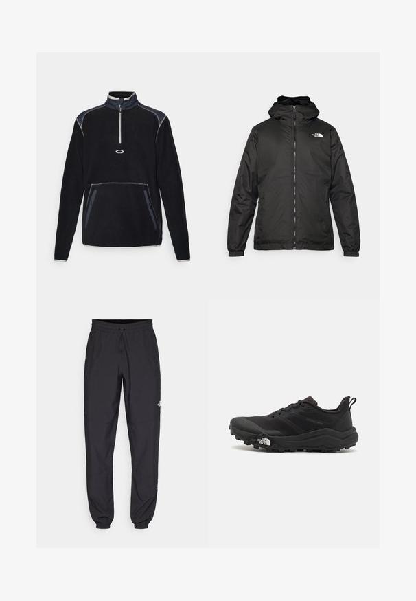 Čierna bundá s kapucňou The North Face s predným zipsom, elastickými manžetami a logom v ľavom hornom rohu hrude na bielom pozadí.; Mikina z fleecu v čiernej farbe s vysokým golierom, polovičným zipsom vpredu, dvoma postrannými vreckami a kontrastným prešívaním v sivých a námorníckych akcentoch.; Čierne športové nohavice vyrobené z ľahkej tkaniny, s elastickým pásom na šnurovanie, bočnými vreckami a zúženými manžetami na členkoch.; Čierne trailové behacie topánky s štruktúrovaným zvrškom, gumovou podrážkou a vystuženou špičkou. Obsahuje polstrovaný golier a úchyt na jednoduché obúvanie.