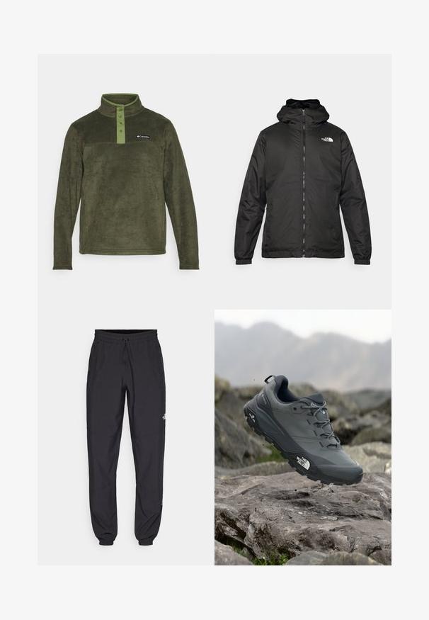 Černá kapucínová bunda The North Face s předním zipem, elastickými manžetami a logem na horní levé části hrudi na bílém pozadí.; Columbia STEENS MOUNTAIN™ HALF SNAP - Fleecová mikina - greenscape/canteen; Černé sportovní kalhoty vyrobené z lehké tkaniny, s páskem na šňůrku, bočními kapsami a zúženými manžetami na kotnících.; Šedá trailová běžecká bota s texturovaným svrškem, odolnou gumovou podrážkou a vyztuženou špičkou. Obsahuje tkaničky a logo značky na straně.