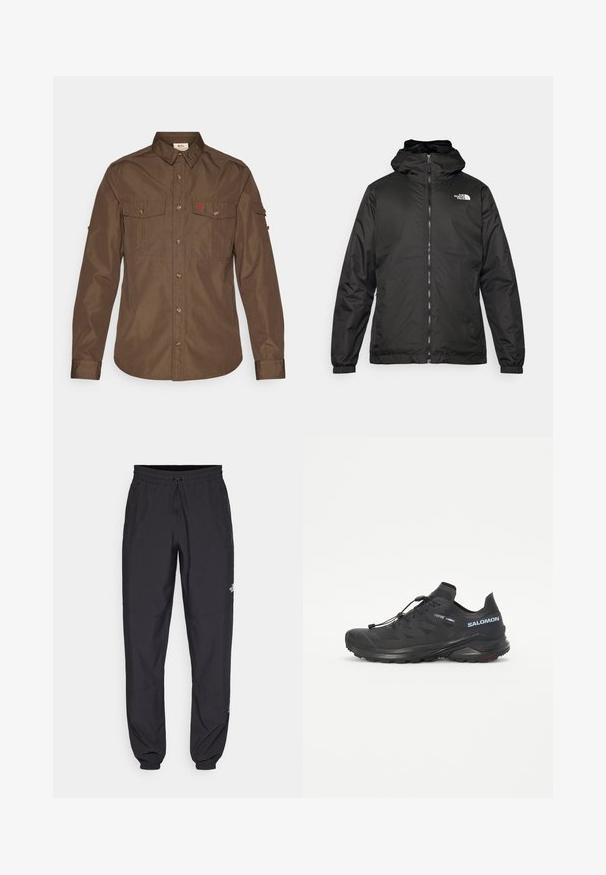 Juodas „The North Face“ striukė su gobtuvu, priekyje užtrauktuku, elastingomis rankogaliais ir logotipu viršutinėje kairėje krūtinės pusėje ant baltos fono.; Rudas ilgas rankovės marškinis, pagamintas iš lygaus audinio. Turi dvi krūtinės kišenes, sagstomą priekį ir logotipą kairėje pusėje.; Juodos sportinės kelnės, pagamintos iš lengvos medžiagos, su raišteliu liemens srityje, šoniniais kišenėmis ir siaurėjantys apykaklės prie kulkšnies.; Juodas taktinės bėgimo batelis su tekstūruotu viršumi, elastinėmis raištelėmis ir Contagrip padu. Turi tvirtą prigludimą ir apsauginį kojų dangtelį.