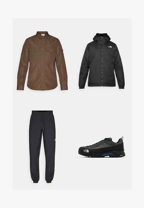 Juodas „The North Face“ striukė su gobtuvu, priekyje užtrauktuku, elastingomis rankogaliais ir logotipu viršutinėje kairėje krūtinės pusėje ant baltos fono.; Rudas ilgas rankovės marškinis, pagamintas iš lygaus audinio. Turi dvi krūtinės kišenes, sagstomą priekį ir logotipą kairėje pusėje.; Juodos sportinės kelnės, pagamintos iš lengvos medžiagos, su raišteliu liemens srityje, šoniniais kišenėmis ir siaurėjantys apykaklės prie kulkšnies.; The North Face VERTO ALPINE GORE TEX - Turistiniai batai - asphalt grey/tnf black