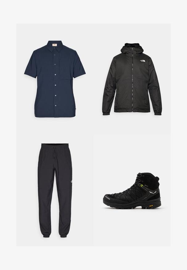 Μαύρο μπουφάν με κουκούλα της The North Face, με μπροστινό φερμουάρ, ελαστικούς καρπούς και λογότυπο στην πάνω αριστερή πλευρά του στήθους, σε λευκό φόντο.; Κοντομάνικο πουκάμισο σε ναυτικό μπλε χρώμα, φτιαγμένο από υφαντό ύφασμα, διαθέτοντας μπροστινή τσέπη, κλείσιμο με κουμπί και κλασικό σχέδιο γιακά.; Μαύρη κοντομάνικη μπλούζα φτιαγμένη από ελαφρύ, υφασμάτινο αντιακατακλυσματικό ύφασμα. Διαθέτει λευκό λογότυπο στο αριστερό στήθος και κλειστό λαιμό.; Μαύρη αθλητική παντελόνι κατασκευασμένο από ελαφρύ ύφασμα, με ζώνη που ρυθμίζεται με κορδόνι, πλευρικές τσέπες και στενές μανσέτες στους αστραγάλους.; Μαύρο ορειβατικό μποτάκι με υφή στο πάνω μέρος, ενισχυμένη μύτη και σόλα Vibram. Το σύστημα κορδονιών περιλαμβάνει γάντζους για ασφαλή εφαρμογή.