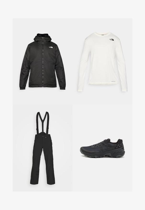 Črna kapuca jakna The North Face z sprednjim zadrgo, elastičnimi manšetami in logotipom na zgornjem levem prsnem delu na belem ozadju.; Bela srajca z dolgimi rokavi in okroglim ovratnikom, strukturirana tkanina, črn logo na levem ramenu in diskretno znamčenje na dnu.; Črne visokozmogljive smučarske hlače z nastavljivimi naramnicami, sprednjimi žepi na zadrgo in gladko, trpežno teksturo.; Črne trail tekaške čevlje z zgornjim delom iz teksturirane mreže in gumijastim podplatom; vključujejo vezalke, oblazinjen ovratnik in podrobnosti z logotipom.