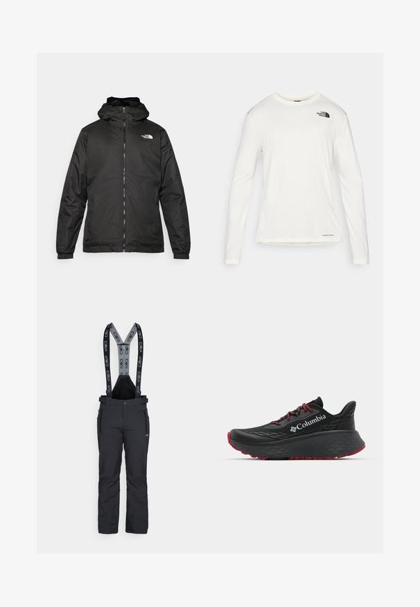 Giacca a vento nera The North Face con zip frontale, polsini elasticizzati e logo sulla parte superiore sinistra del petto, su sfondo bianco.; Camicia bianca a maniche lunghe con colletto tondo, tessuto testurizzato, logo nero sulla spalla sinistra e branding sottile sul fondo.; Pantaloni da sci neri con bretelle grigie regolabili e logo. Comprendono passanti per cintura e tasche con zip. Tessuto liscio e resistente.; Scarpa sportiva nera con tomaia testurizzata, lacci rossi e logo. Suola spessa con battistrada a righe per una buona aderenza. Design minimalista, vista laterale.