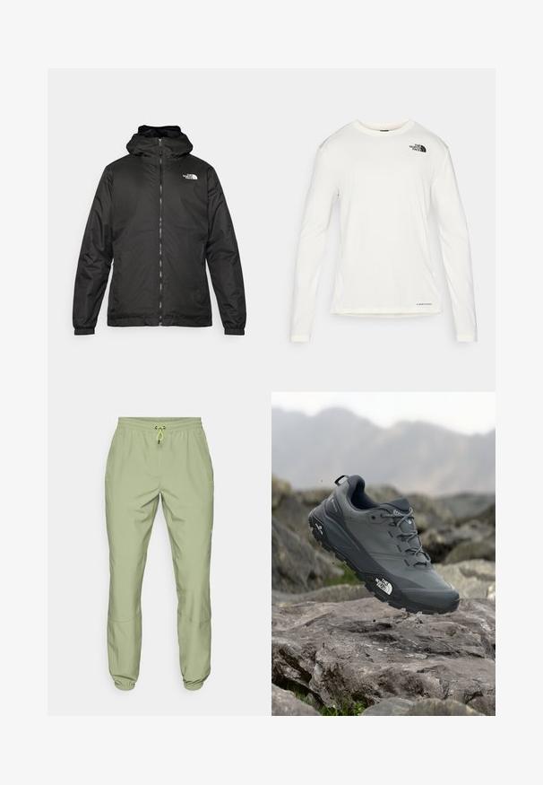 Fekete The North Face kapucnis dzseki elülső zipzárral, elasztikus mandzsettákkal és logóval a bal felső mellkason, fehér háttér előtt.; Fehér, hosszú ujjú póló kerek nyakkal, textúrált anyagból, fekete logóval a bal vállon, és diszkrét márkajelzéssel az alján.; Világoszöld sportnadrág, elasztikus derékkal, húzózsinórral és bokakivágással; két oldalsó zsebbel és sima textúrával rendelkezik.; Szürke terepfutó cipő, texturált felsőrésszel, tartós gumitalppal és megerősített orr résszel. Fekete fűzők és márka logó a cipő oldalán.