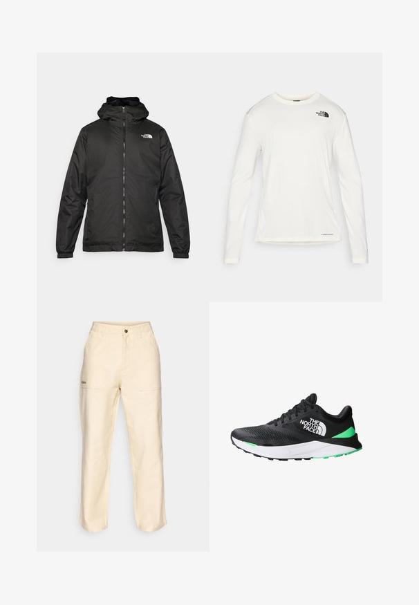 Chaqueta con capucha de The North Face en negro, con cremallera frontal, puños elásticos y logo en la parte superior izquierda del pecho, sobre un fondo blanco.; Camisa blanca de manga larga con cuello redondo, tela texturizada, logotipo negro en el hombro izquierdo y una sutil marca en la parte inferior.; Pantalones de cintura alta beige con bolsillos frontales de parche, presillas para cinturón, cierre de botón y un sutil bordado de la marca en el bolsillo izquierdo.; Zapatilla deportiva negra con parte superior de malla, entresuela blanca, Acabados verdes y una suela de goma texturizada. Presenta el logo de la marca en el lateral.