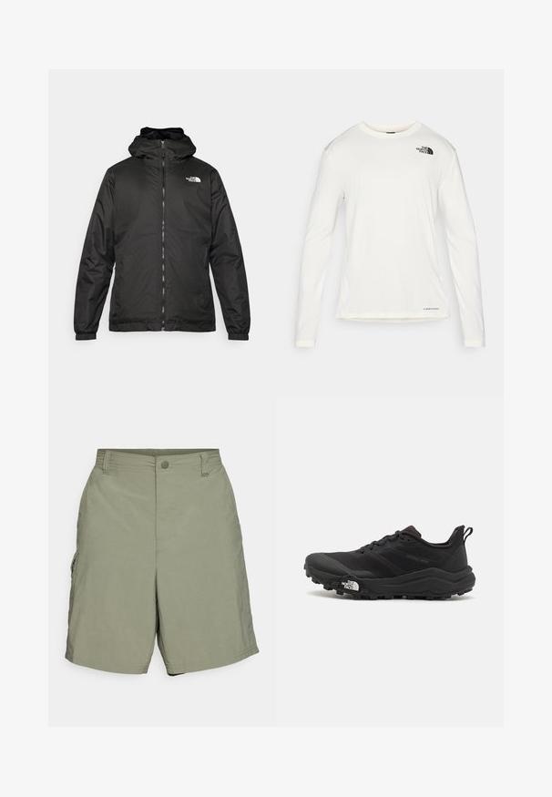 Melnā The North Face kapuce jaka ar priekšējo rāvējslēdzēju, elastīgām piedurknēm un logo augšējā kreisajā krūtī uz balta fona.; Balta garām piedurknēm krekls ar apaļu kaklu, teksturēta auduma, melns logo kreisajā plecā un smalka zīmola identifikācija apakšā.; Columbia BAHAMA™ - Āra šorti - cypress; Melnas taku skriešanas kurpes ar teksturētu virsu, gumijas zoli un pastiprinātu pirkstu daļu. Aprīkotas ar mīkstu apkakli un vilkšanas cilpu, lai viegli uzvilktu.