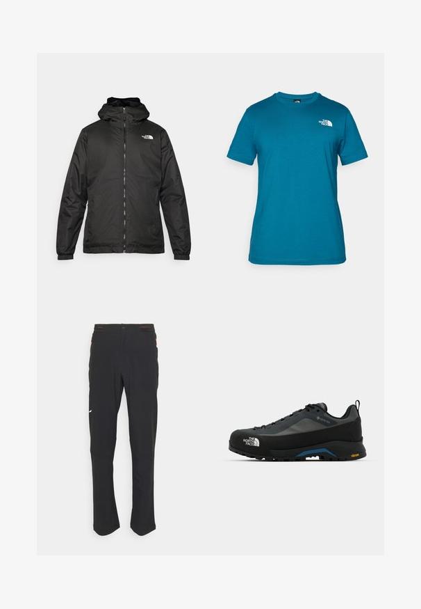 Svart The North Face hettegenser med frontglidelås, elastiske mansjetter, og logo på øvre venstre bryst mot en hvit bakgrunn.; Teal kortermet t-skjorte laget av myk bomull, med en hvit logo trykket på venstre bryst og en klassisk rund hals design.; Svarte treningsbukser laget av lett stoff, med en tettsittende midje, rette ben og en liten hvit logo på venstre lår.; The North Face VERTO ALPINE GORE TEX - Fjellsko - asphalt grey/tnf black