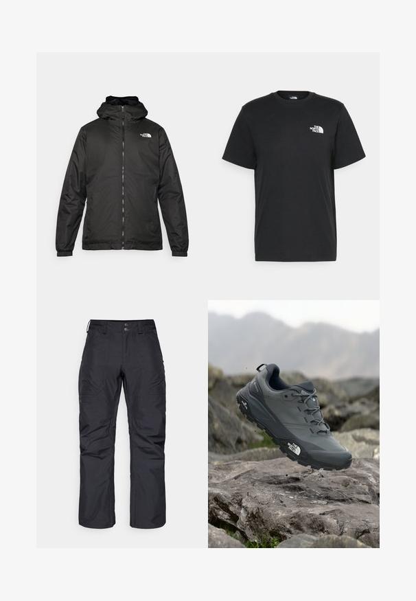 Black The North Face hooded jacket with front zipper, elastic cuffs, and logo on the upper left chest against a white background.; Black cotton t-shirt with short sleeves, crew neck, and a small white logo on the left chest. Simple design, smooth texture, and relaxed fit.; Burton GORE BALLAST - Snowboard pants - true black; Grey trail running shoe with a textured upper, durable rubber sole, and reinforced toe cap. Features laces and brand logo on the side.