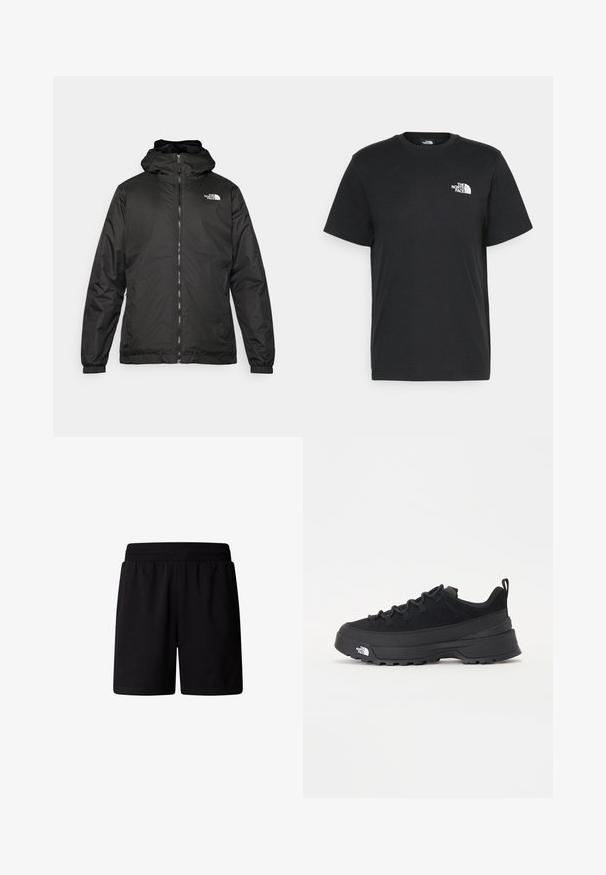 Black The North Face hooded jacket with front zipper, elastic cuffs, and logo on the upper left chest against a white background.; Black cotton t-shirt with short sleeves, crew neck, and a small white logo on the left chest. Simple design, smooth texture, and relaxed fit.; Black athletic shorts with an elastic waistband. Made from soft, lightweight fabric with a smooth texture and no visible patterns or embellishments.; Black outdoor sneaker with a suede upper, textured rubber sole, and sturdy lacing system. Features a reinforced heel and brand logo on the side.