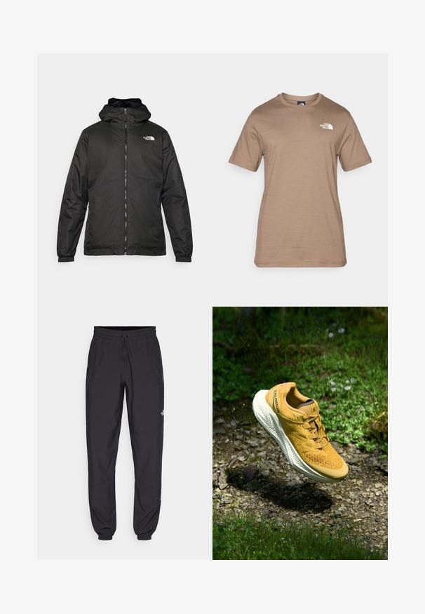 Čierna bundá s kapucňou The North Face s predným zipsom, elastickými manžetami a logom v ľavom hornom rohu hrude na bielom pozadí.; Tričko s krátkym rukávom z ľahkej hnedej bavlny s malým bielym logom na hrudi. Klasický okrúhly výstrih, hladká textúra a štandardný strih.; Čierne športové nohavice vyrobené z ľahkej tkaniny, s elastickým pásom na šnurovanie, bočnými vreckami a zúženými manžetami na členkoch.; Žltá behacia topánka Salomon vznášajúca sa nad štrkovou cestou obklopenou zelenou trávou a drobnými divokými kvetmi v prirodzenom svetle.
