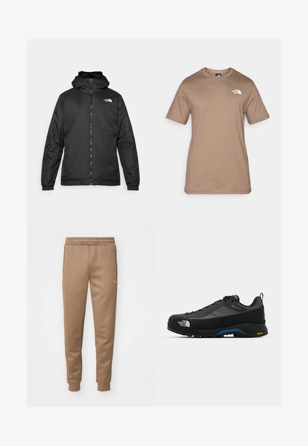 Črna kapuca jakna The North Face z sprednjim zadrgo, elastičnimi manšetami in logotipom na zgornjem levem prsnem delu na belem ozadju.; Majica s kratkimi rokavi iz svetlo rjavega bombaža z majhnim belim logotipom na prsih. Klasičen kroj s krožnim vratnim izrezom, gladka tekstura in standardna prileganje.; Rjave trenirke z elastičnim pasom, stranskimi žepi in rebrastimi manšetami. Mehka tkanina z diskretnim logotipom na zgornjem delu noge.; The North Face VERTO ALPINE GORE TEX - Pohodniški čevlji - asphalt grey/tnf black