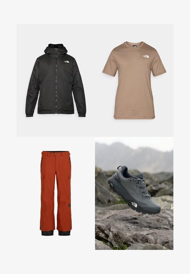 Juodas „The North Face“ striukė su gobtuvu, priekyje užtrauktuku, elastingomis rankogaliais ir logotipu viršutinėje kairėje krūtinės pusėje ant baltos fono.; Šviesiai rudas medvilninis marškinėliai trumpomis rankovėmis su mažuoju baltu logotipu ant krūtinės. Klasikinis apvalus kaklo išpjova, lygi tekstūra ir standartinė prigludimo forma.; Rūdžių oranžinės vandeniui atsparios slidinėjimo kelnės su įšaldytu audiniu, dvišaliai užtrauktukų kišenės, krovininė kišenė ir juodos elastinės gumos ant kulkšnies.; Pilkas bėgimo batelis su tekstūruota viršutine dalimi, tvirtu guminio pado ir sustiprinta nosimi. Turi raištelius ir prekės ženklo logotipą šone.