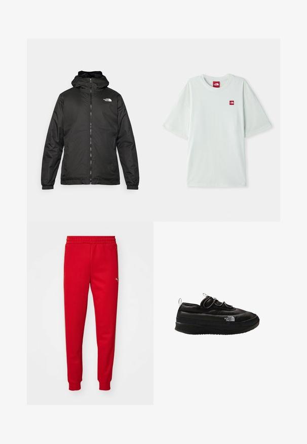 Sort The North Face hættejakke med frontlynlås, elastiske manchetter og logo på øverste venstre bryst mod en hvid baggrund.; Lysegrøn kortærmet t-shirt lavet af blød bomuld, med et lille rødt logo på venstre brystområde. Løs pasform og rund halsudskæring.; Røde sweatpants lavet af blødt stof med elastisk talje, snævre ben og guldlogo-detalje på venstre side. Glat texture.; The North Face NSE LOW - Sneakers - black
