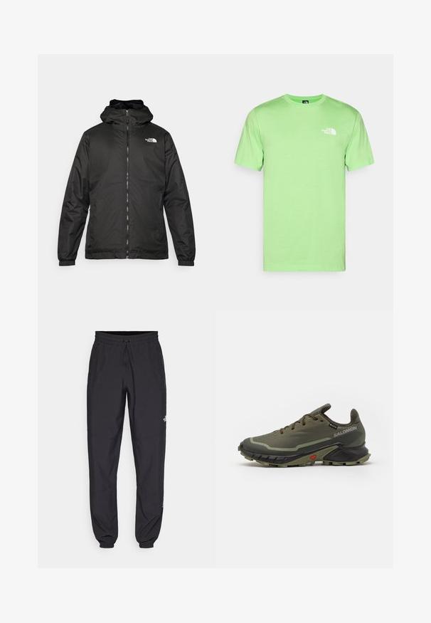 Svart The North Face hettegenser med frontglidelås, elastiske mansjetter, og logo på øvre venstre bryst mot en hvit bakgrunn.; Mintgrønn bomull T-skjorte med rund hals og korte ermer. Har en hvit logo på venstre bryst. Glatt tekstur, avslappet passform.; Sorte idrettsbukser laget av lett stoff, med snor i livet, sidelommer og smale mansjetter ved anklene.; Olivengrønne joggesko med et teksturert stoffoverdel, svart gummisåle, rund tå og justerbar snøring. Har røde detaljer.