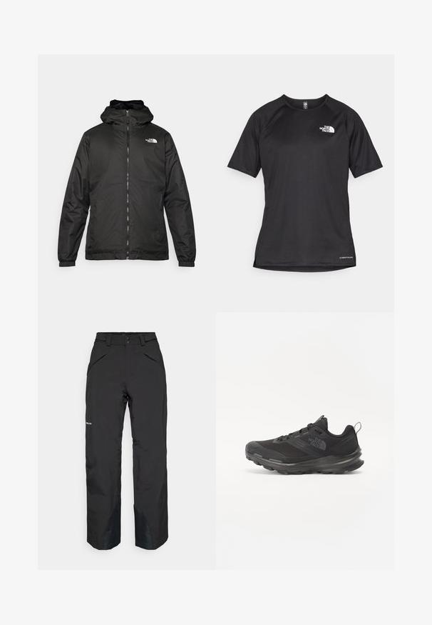 Black The North Face hooded jacket with front zipper, elastic cuffs, and logo on the upper left chest against a white background.; Black short-sleeve athletic shirt with a textured fabric, featuring a white logo on the left chest and a straight hem.; Black waterproof pants with a straight cut, featuring zipped pockets, reinforced hem accents, and a smooth textured finish.; Black athletic shoe with mesh upper, rubber outsole, and padded collar. Features laces, logo on the side, and a textured design.