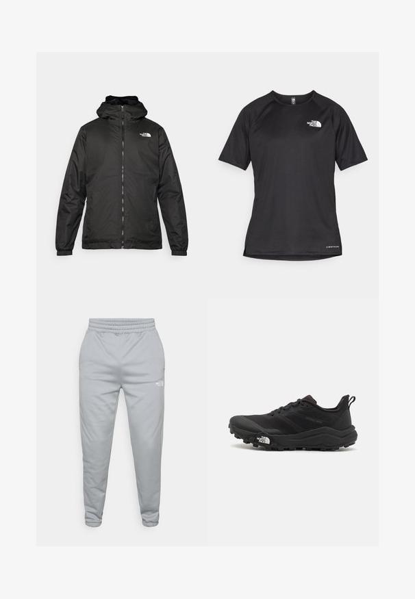 Melnā The North Face kapuce jaka ar priekšējo rāvējslēdzēju, elastīgām piedurknēm un logo augšējā kreisajā krūtī uz balta fona.; Melna sporta krekla īsām piedurknēm ar strukturētu audumu, kas ir ar baltu logotipu kreisajā krūtīs un taisnu apakšmalu.; Gaiši pelēkas sporta bikses ar elastīgu jostasvietu un piegrieztām potītēm. Uz apakšējās malas ir mazs balts logo. Tekstūrēts materiāls.; Melnas taku skriešanas kurpes ar teksturētu virsu, gumijas zoli un pastiprinātu pirkstu daļu. Aprīkotas ar mīkstu apkakli un vilkšanas cilpu, lai viegli uzvilktu.