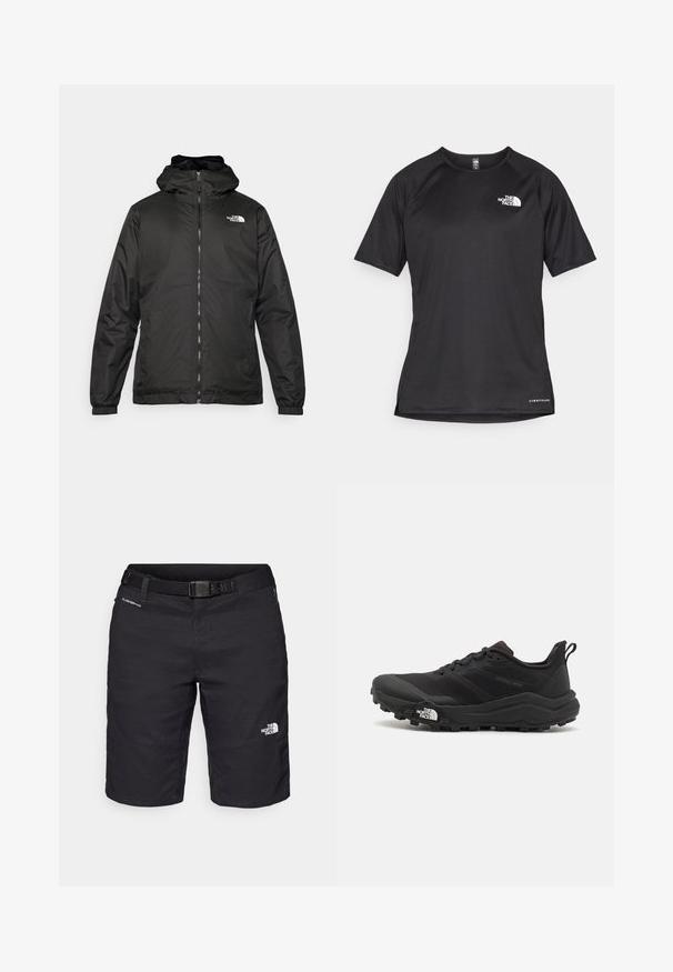 Sort The North Face hættejakke med frontlynlås, elastiske manchetter og logo på øverste venstre bryst mod en hvid baggrund.; Sort kortærmet træningsskjorte i tekstureret stof med et hvidt logo på venstre bryst og lige kant.; Sorte vandreshorts fremstillet af letvægtsmateriale, med bælte, syninger og logo på højre ben.; Sort trail løbesko med en struktureret overdel, gummisål og forstærket tåhætte. Har en polstret krave og en pull-tab til nem påtagning.