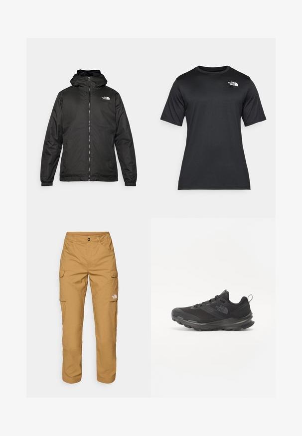 Črna kapuca jakna The North Face z sprednjim zadrgo, elastičnimi manšetami in logotipom na zgornjem levem prsnem delu na belem ozadju.; Črna majica s kratkimi rokavi iz lahkega, vlago odvajajočega materiala. Ima belo logo na levem prsnem delu in krožni izrez.; The North Face EXPLORATION PANTS - Hlačami s stranskimi žepi - utility brown; Črne športne čevlje z mrežastim zgornjim delom, gumijastim podplatom in oblazinjenim ovratnikom. Imajo vezalke, logo na strani in strukturiran dizajn.