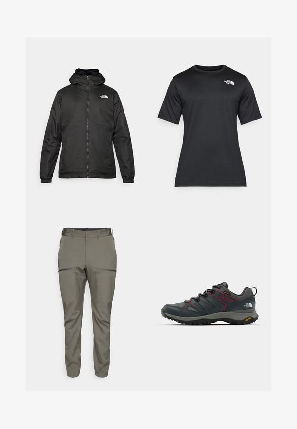 Black The North Face hooded jacket with front zipper, elastic cuffs, and logo on the upper left chest against a white background.; Black short-sleeve t-shirt made of lightweight, moisture-wicking fabric. Features a white logo on the left chest and a crew neckline.; Houdini MORE PANTS - Outdoor trousers - baremark green; Gray hiking shoe with red accents, mesh and synthetic upper, lacing system, and Vibram outsole for traction. Features Gore-Tex for water resistance.