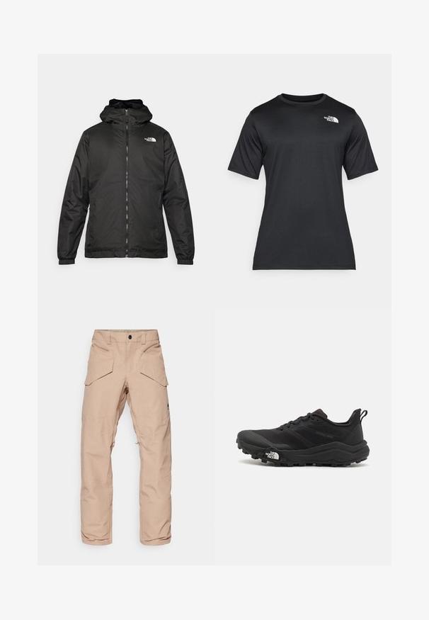 Svart The North Face huva jacka med framzipper, elastiska muddar och logotyp på övre vänstra bröstet mot en vit bakgrund.; Svart kortärmad t-shirt i lätt, fuktavvisande material. Har en vit logotyp på vänster bröst och rund halsringning.; Ljust beige cargobyxor i ett vattenavvisande material, med flera fickor, förstärkta knän och en blixtlåsförsedd nedre del för justerbarhet.; Svart terränglöparsko med en strukturerad ovandel, gummisula och förstärkt tåhätta. Har en vadderad krage och en dragflik för enkel påtagning.
