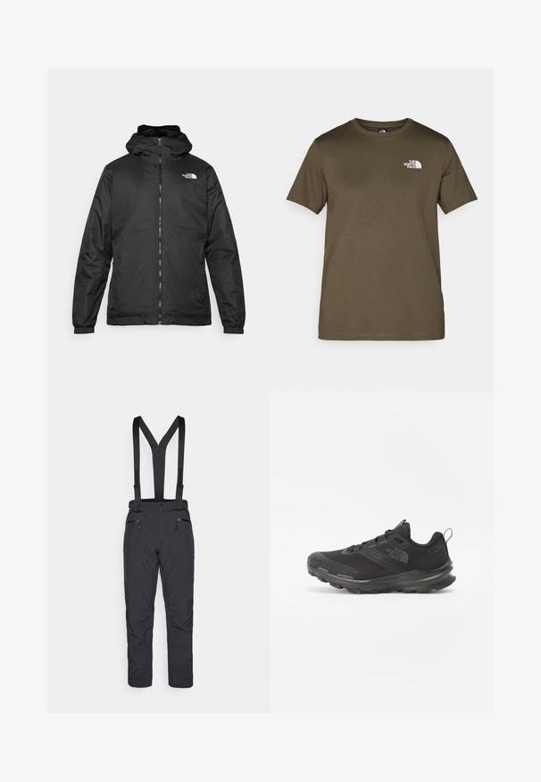 Črna kapuca jakna The North Face z sprednjim zadrgo, elastičnimi manšetami in logotipom na zgornjem levem prsnem delu na belem ozadju.; Olivno zeleni bombažni T-shirt s kratkimi rokavi, okroglim izrezom in belim logotipom na levem prsnem delu. Gladka tekstura blaga, običajen kroj.; Črne smučarske hlače z nastavljivimi naramnicami, dvema sprednjima žepoma z zadrgo in ožjim krojem. Narejene so iz trpežnega, vodoodpornega materiala.; Črne športne čevlje z mrežastim zgornjim delom, gumijastim podplatom in oblazinjenim ovratnikom. Imajo vezalke, logo na strani in strukturiran dizajn.