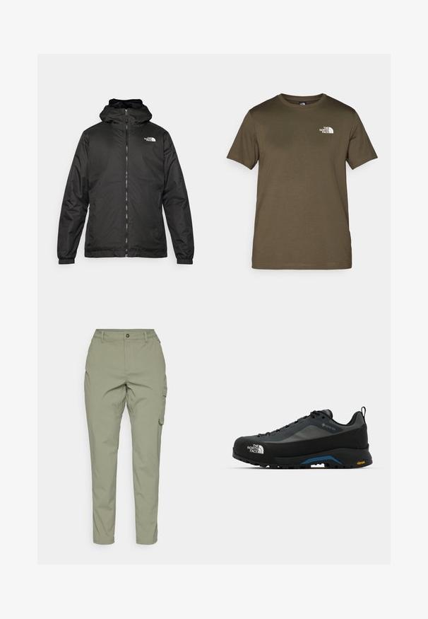 Crna jakna s kapuljačom The North Face s prednjim patentnim zatvaračem, elastičnim manžetama i logotipom na gornjem lijevom dijelu prsnog koša, na bijeloj pozadini.; Maslinasto zelena pamučna majica s kratkim rukavima, okruglim izrezom i bijelim logom na lijevoj strani grudi. Glatka tekstura tkanine, redoviti kroj.; Svijetlo maslinaste cargo hlače ravnog kroja, s prednjim kopčanjem na dugme i bočnim džepovima za funkcionalnost. Glatka, izdržljiva tkanina.; The North Face VERTO ALPINE GORE TEX - Obuća za pješačenje - asphalt grey/tnf black