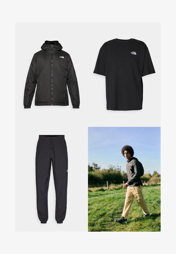 Jacket preta com capuz da The North Face, com fecho éclair na frente, punhos elásticos e logotipo no canto superior esquerdo do peito, em fundo branco.; T-shirt de algodão preto com decote redondo e mangas curtas. Apresenta um logótipo branco no lado esquerdo do peito. Ajuste simples e descontraído.; Calças atléticas pretas feitas de tecido leve, com um cós ajustável por cordão, bolsos laterais e punhos afunilados nos tornozelos.; Casaco preto com capuz, calças cargo bege com bolsos e botas de caminhada pretas. A andar sobre a relva à luz do dia, com um fundo de folhagem.