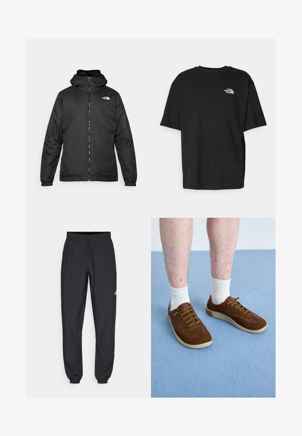 Must esine The North Face must kapuutsiga jakk, millel on esizipp, elastsed mansetid ja logo vasakul ülemisel rinnal valge tausta ees.; Mustan puuvillase T-särk, millel on ümmargune krae ja lühikesed varrukad. Vasakul rinnal on valge logo. Lihtne ja mugav lõige.; Mustavad sportlikud püksid, mis on valmistatud kergest kangast, joonlauaga taljest, küljetaskudega ja kitsenevate varrukatega pahkluude juures.; Pruunid sneakerid, mis on valmistatud nahast ja suede'ist, omavad kummist tallat, ümarat kuju ning kuut augukest koos vastava pruuni paelae.
