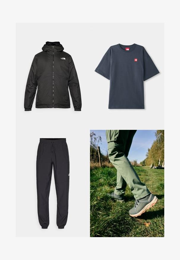 Czarna kurtka z kapturem The North Face z zamkiem błyskawicznym z przodu, elastycznymi mankietami i logo na górnej lewej stronie klatki piersiowej na białym tle.; Ciemnoniebieska, krótko rękawowa koszulka T-shirt wykonana z bawełny, z czerwonym naszywką logo na lewej piersi i klasycznym okrągłym dekoltem.; Czarne spodenki sportowe wykonane z lekkiego materiału, z elastycznym pasem na sznurek, bocznymi kieszeniami i zwężanymi mankietami przy kostkach.; Salomon OUTCHILL CSWP turkusowy