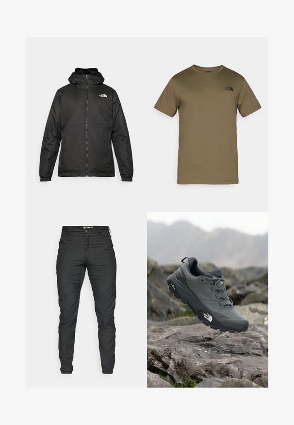 Svart The North Face huva jacka med framzipper, elastiska muddar och logotyp på övre vänstra bröstet mot en vit bakgrund.; Olivgrön kortärmad T-shirt i mjukt tyg, med en liten svart logotyp på vänster bröst och en klassisk rund halsringning.; Svarta, smala byxor gjorda av hållbart tyg. Funktioner inkluderar en framzipper, bältesöggor och sidofickor med dragkedjor. Slät textur.; Grå trail löparskor med en texturerad ovandel, hållbar gummisula och förstärkt tåparti. Har snören och logotyp på sidan.