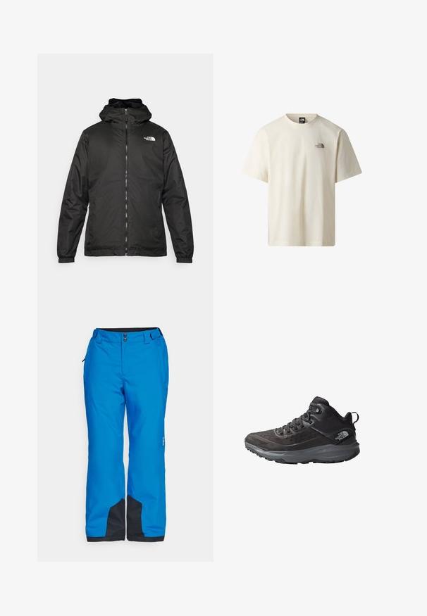 Schwarze The North Face Kapuzenjacke mit Reißverschluss auf der Vorderseite, elastischen Bündchen und Logo auf der oberen linken Brust vor einem weißen Hintergrund.; Off-White T-Shirt mit kurzen Ärmeln und Rundhalsausschnitt, mit kleinem dunklem "The North Face"-Logo auf der linken Brust.; Blaue Schneehosen mit glatter Textur, doppelten Frontknöpfen und schwarzen Akzenten an den Säumen und Seitentaschen für Funktionalität.; Schwarze Wanderschuhe mit einem strukturierten Obermaterial, verstärkter Zehenkappe und grauem Außensohlenmaterial. Verfügt über ein Schnürdesign und einen gepolsterten Knöchelkragen.