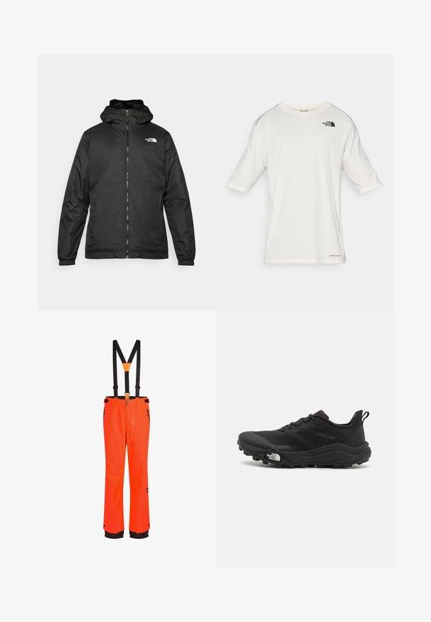 Črna kapuca jakna The North Face z sprednjim zadrgo, elastičnimi manšetami in logotipom na zgornjem levem prsnem delu na belem ozadju.; Bela kratka majica s kratkimi rokavi in okroglim izrezom z logotipom The North Face na levem prsnem delu in besedilom "Lightrange" blizu spodnjega roba.; Oranžno nepremočljivo smučarsko hlače z nastavljivimi črnimi naramnicami, žepi z zadrgo in črnimi detajli na robovih. Trajna tkanina, ravna zasnova nogavic.; Črne tekaške čevlje za trail s teksturirano zgornjega dela, gumijastim podplatom in ojačanim zaključkom prstov. Vključuje oblazinjen ovratnik in zanko za enostavno obuvanje.