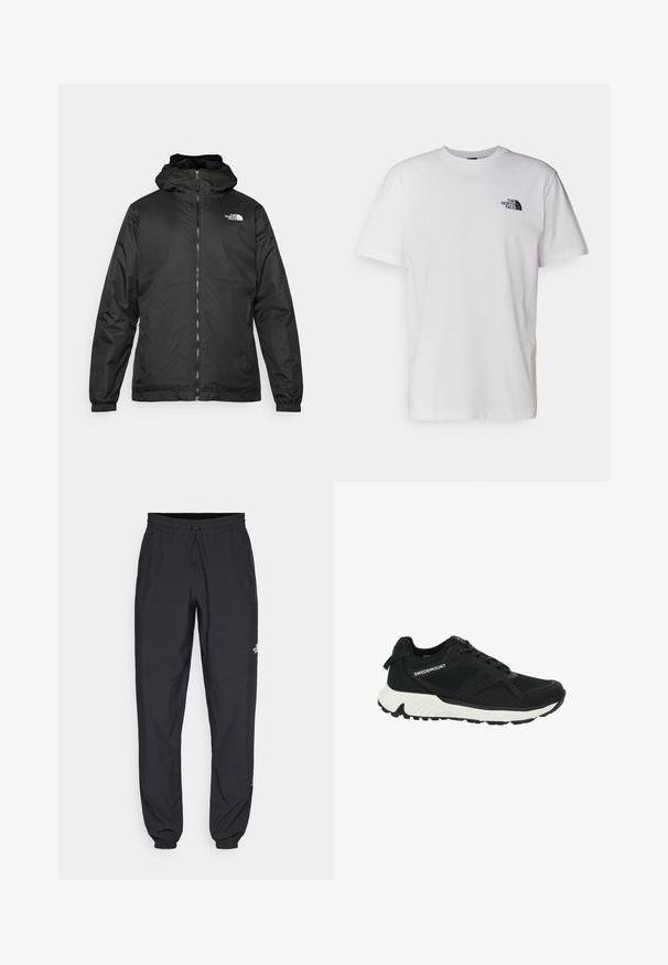Musta The North Face -huppari, jossa on etuvetoketju, joustavat hihansuut ja logo vasemmalla ylärinnassa valkoista taustaa vasten.; Valkoinen puuvillapaita, jossa on pyöreä kaula-aukko, lyhyet hihat ja pieni musta logo painettuna vasempaan rintamukseen.; Mustat urheiluhousut, jotka on valmistettu kevyestä kankaasta. Housuissa on naru vyötäröllä, sivutaskut ja kapenevat hihnat nilkoissa.; Mustat urheilukengät, joissa on tekstuuroitu kangaspinta ja valkoinen pohja. Varustettu pyöristetyllä varpaalla, nauhoitusjärjestelmällä ja sivuilla brändillä "SWEDEMOUNT".