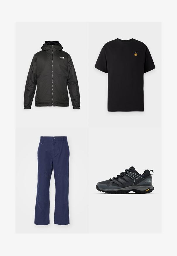 Svart The North Face huva jacka med framzipper, elastiska muddar och logotyp på övre vänstra bröstet mot en vit bakgrund.; Svart bomullströja med korta ärmar, rund hals och en liten gul broderad design på vänster bröstområde.; Marina blå bomullsbukser med rak bendesign, med sidofickor, knappstängning och en metallring som detalj på midjebandet.; Svart vandringsskor med ett ventilerande överdel, texturerade detaljer, gummisula och reflekterande inslag. Har en Vibram-logotyp på hälen.