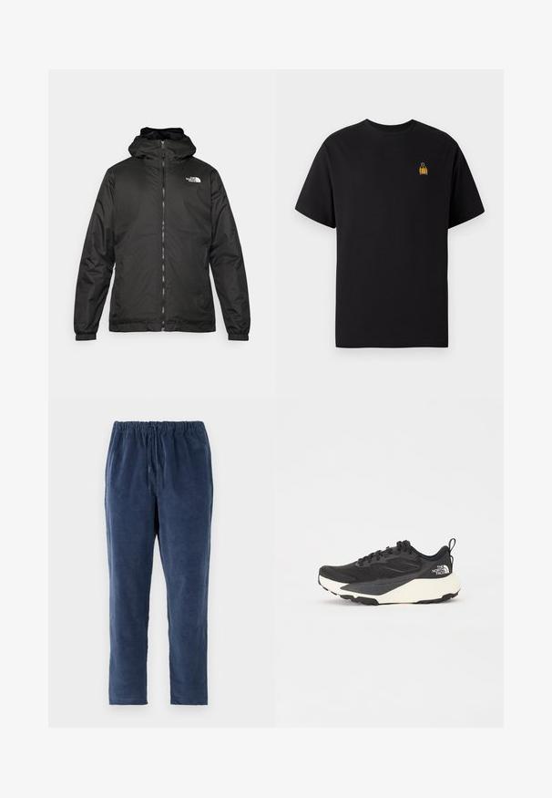 Melnā The North Face kapuce jaka ar priekšējo rāvējslēdzēju, elastīgām piedurknēm un logo augšējā kreisajā krūtī uz balta fona.; Melnas kokvilnas t-kreklu ar īsām piedurknēm, ar apaļu kakla izgriezumu un mazu dzeltenu izšūtu dizainu kreisajā krūtīs.; Tumši zili bikses ar mīkstu tekstūru, elastīgu jostu un taisnu kāju dizainu. Bez kabatām. Audums izskatās nedaudz ķemmēts.; Melna sporta kurpe ar teksturētu acs augšdaļu, cietiem melniem akcentiem un balto vieglo zoli. Iekļauj šņorēšanas aizdari un vilkšanas cilpu.