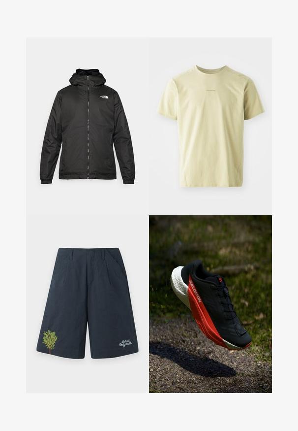 Juodas „The North Face“ striukė su gobtuvu, priekyje užtrauktuku, elastingomis rankogaliais ir logotipu viršutinėje kairėje krūtinės pusėje ant baltos fono.; Salomon TRACKLINE TEE - Sportiniai marškinėliai trumpomis rankovėmis - gray green; Tamsiai mėlynos šortai, pagaminti iš lengvos medžiagos, su žalia siuvinėta medžio dizaino ir baltu užrašu apatiniame dešiniajame kampe.; Juodas bėgimo batelis su raudonais akcentais, lengvas, tinklinis viršus, tekstūruotas baltas padas ir raištelių sistema. Sukurtas našumui ir komfortui.