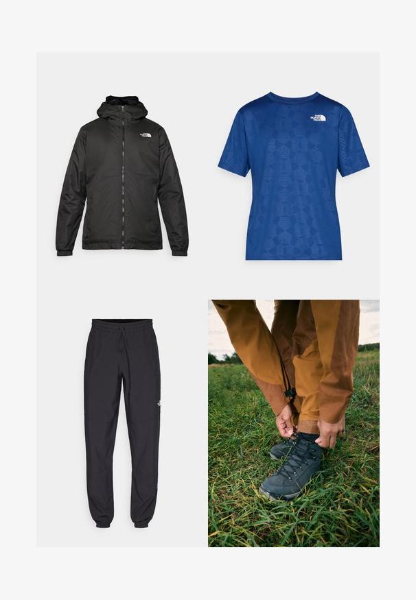 Černá kapucínová bunda The North Face s předním zipem, elastickými manžetami a logem na horní levé části hrudi na bílém pozadí.; Modrá košile s krátkým rukávem se strukturovaným geometrickým vzorem a bílým logem na levém horním rohu. Vyrobena z lehkého a prodyšného materiálu.; Černé sportovní kalhoty vyrobené z lehké tkaniny, s páskem na šňůrku, bočními kapsami a zúženými manžetami na kotnících.; Černé turistické boty s texturovaným svrškem a tkaničkami, nošené s hnědými voděodolnými kalhotami, umístěné na zelené trávě pod zataženou oblohou.