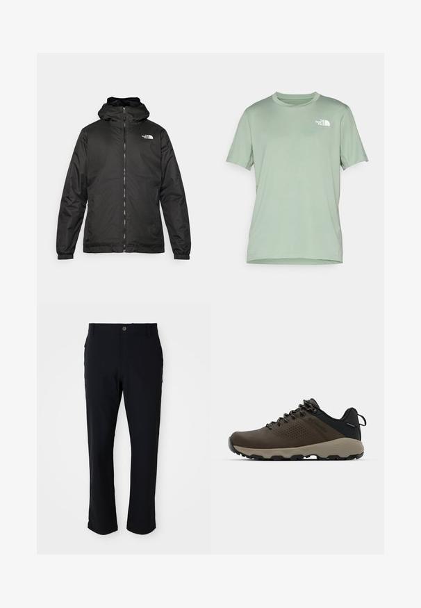 Svart The North Face hettegenser med frontglidelås, elastiske mansjetter, og logo på øvre venstre bryst mot en hvit bakgrunn.; Lys grønn kortermet t-skjorte laget av myk stoff; har en hvit logo på øvre venstre side; rund påfallende hals.; Sorte bukser med knappelukking, rett ben design, glatt tekstur og sidelommer, egnet for en rekke anledninger.; Brune vanntette joggesko med teksturert overdel, perforerte detaljer, svart hæl støtte og en grå gummisåle. Snøring er stilisert med metalliske ender.