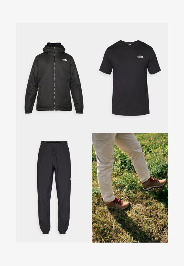 Giacca a vento nera The North Face con zip frontale, polsini elasticizzati e logo sulla parte superiore sinistra del petto, su sfondo bianco.; T-shirt nera a maniche corte in cotone, con scollatura rotonda e un piccolo logo bianco nell'area superiore sinistra del petto.; Pantaloni sportivi neri realizzati in tessuto leggero, con vita regolabile con cordino, tasche laterali e orli affusolati alle caviglie.; Scarponi da trekking marroni con lacci rossi, suole in gomma e colletto imbottito, indossati con pantaloni color crema, mentre si cammina attraverso un terreno erboso.