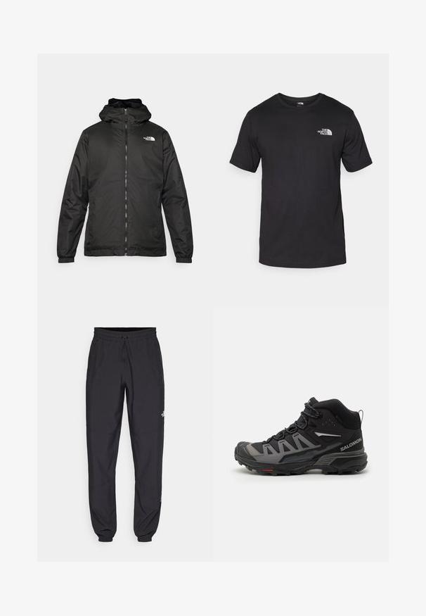 Črna kapuca jakna The North Face z sprednjim zadrgo, elastičnimi manšetami in logotipom na zgornjem levem prsnem delu na belem ozadju.; Črna kratko sleeved majica iz bombaža, s krožnim izrezom in majhnim belim logotipom na zgornjem levem delu prsnega koša.; Črne atletske hlače iz lahkega materiala, ki imajo elastični pas z vezalko, stranske žepe in zožene manšete na gležnjih.; Črne in sive pohodne čevlje srednje višine z teksturirano zgornjico, ojačanim nosom, sistemom vezalk in trdnim podplatom zasnovanim za oprijem.