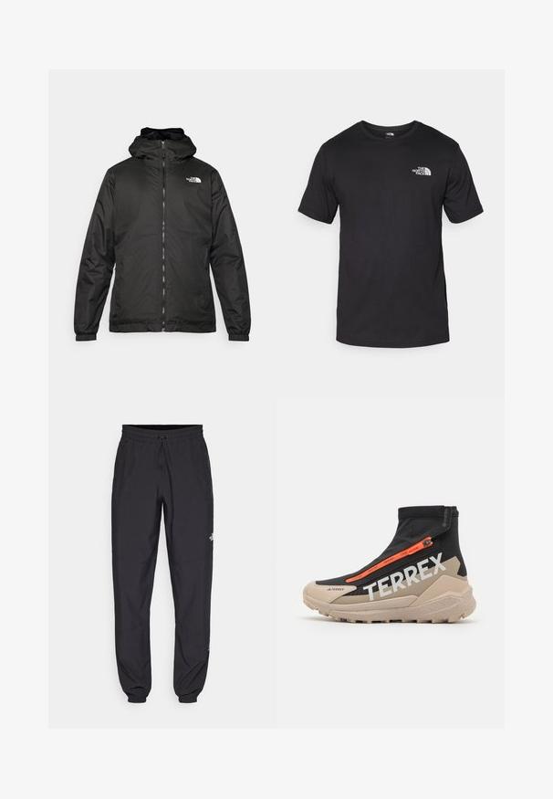 Giacca a vento nera The North Face con zip frontale, polsini elasticizzati e logo sulla parte superiore sinistra del petto, su sfondo bianco.; T-shirt nera a maniche corte in cotone, con scollatura rotonda e un piccolo logo bianco nell'area superiore sinistra del petto.; Pantaloni sportivi neri realizzati in tessuto leggero, con vita regolabile con cordino, tasche laterali e orli affusolati alle caviglie.; adidas Terrex FREE 2 C.RDY - Stivali da neve - beige/core black/semi impact orange