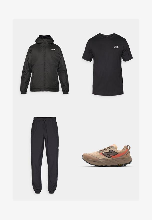 Giacca a vento nera The North Face con zip frontale, polsini elasticizzati e logo sulla parte superiore sinistra del petto, su sfondo bianco.; T-shirt nera a maniche corte in cotone, con scollatura rotonda e un piccolo logo bianco nell'area superiore sinistra del petto.; Pantaloni sportivi neri realizzati in tessuto leggero, con vita regolabile con cordino, tasche laterali e orli affusolati alle caviglie.; Scarpa da corsa beige con tomaia in rete, dettagli neri e rossi, e suola Vibram. Presenta un colletto imbottito e una superficie testurizzata per una presa migliore.