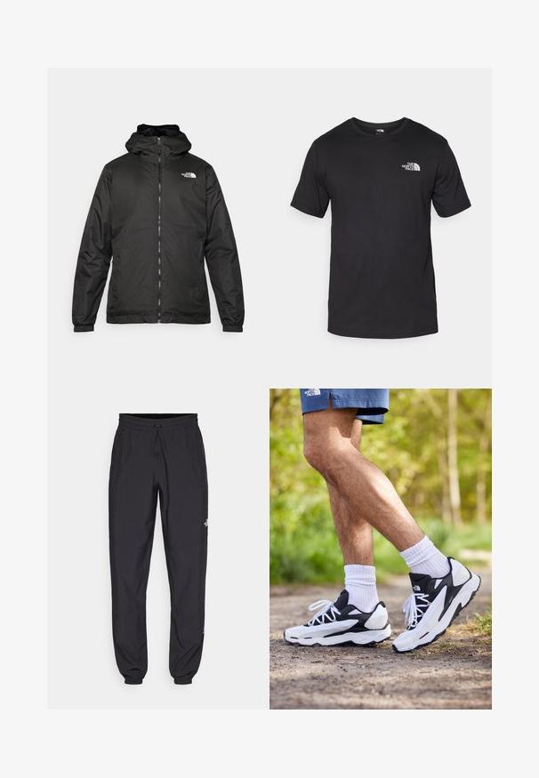 Czarna kurtka z kapturem The North Face z zamkiem błyskawicznym z przodu, elastycznymi mankietami i logo na górnej lewej stronie klatki piersiowej na białym tle.; Czarna koszulka z krótkim rękawem wykonana z bawełny, z okrągłym dekoltem i małym białym logo na górnej lewej części klatki piersiowej.; Czarne spodenki sportowe wykonane z lekkiego materiału, z elastycznym pasem na sznurek, bocznymi kieszeniami i zwężanymi mankietami przy kostkach.; Czarno-białe buty sportowe z siateczkową cholewką, teksturowanymi akcentami i białymi sznurówkami. Noszone z białymi skarpetkami do kostek i granatowymi szortami na ścieżce.