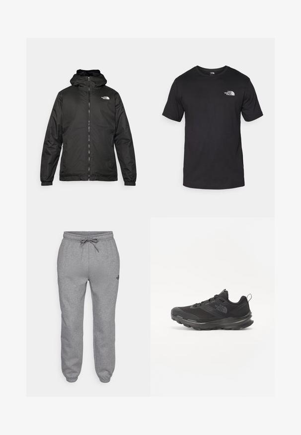 Juodas „The North Face“ striukė su gobtuvu, priekyje užtrauktuku, elastingomis rankogaliais ir logotipu viršutinėje kairėje krūtinės pusėje ant baltos fono.; Juodas trumpas rankovės marškinėliai, pagaminti iš medvilnės, su apvaliu kaklu ir mažu baltu logotipu viršutiniame kairiajame krūtinės kampe.; The North Face SIMPLE DOME REGULAR TAPERED JOGGER - Treningo apatinė dalis - medium grey heather; Juodos sportinės bateliai su tinklelio viršumi, guminiais padu ir paminkštintu apykakle. Yra raišteliai, logotipas šone ir tekstūruotas dizainas.