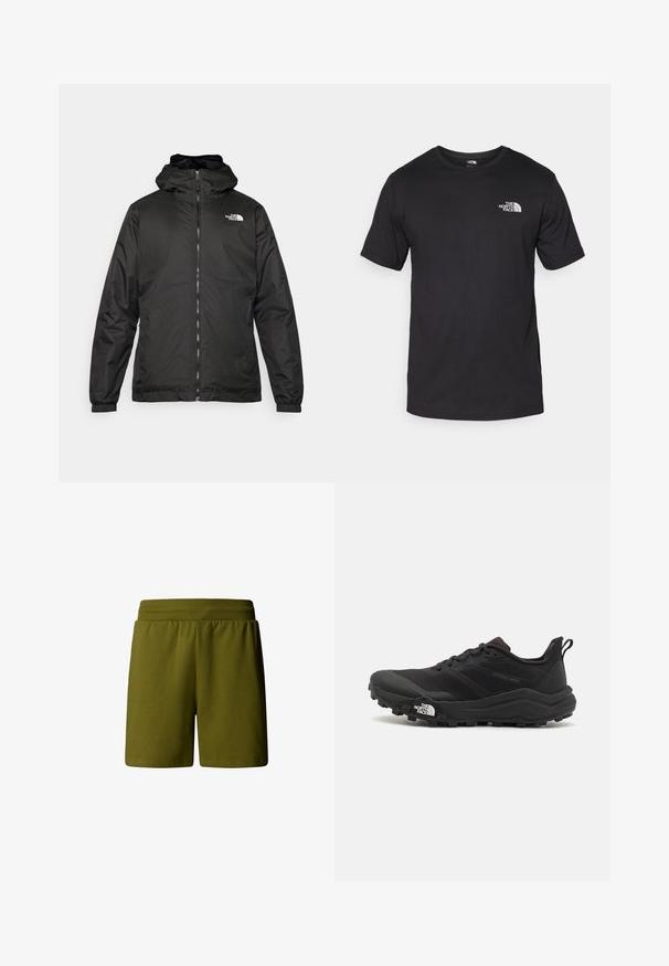 Black The North Face hooded jacket with front zipper, elastic cuffs, and logo on the upper left chest against a white background.; Black short-sleeve t-shirt made of cotton, featuring a round neckline and a small white logo on the upper left chest area.; Olive green, soft cotton shorts with an elastic waistband, featuring a relaxed fit and no visible pockets or embellishments.; Black trail running shoe with a textured upper, rubber sole, and reinforced toe cap. Features a padded collar and pull tab for easy wear.
